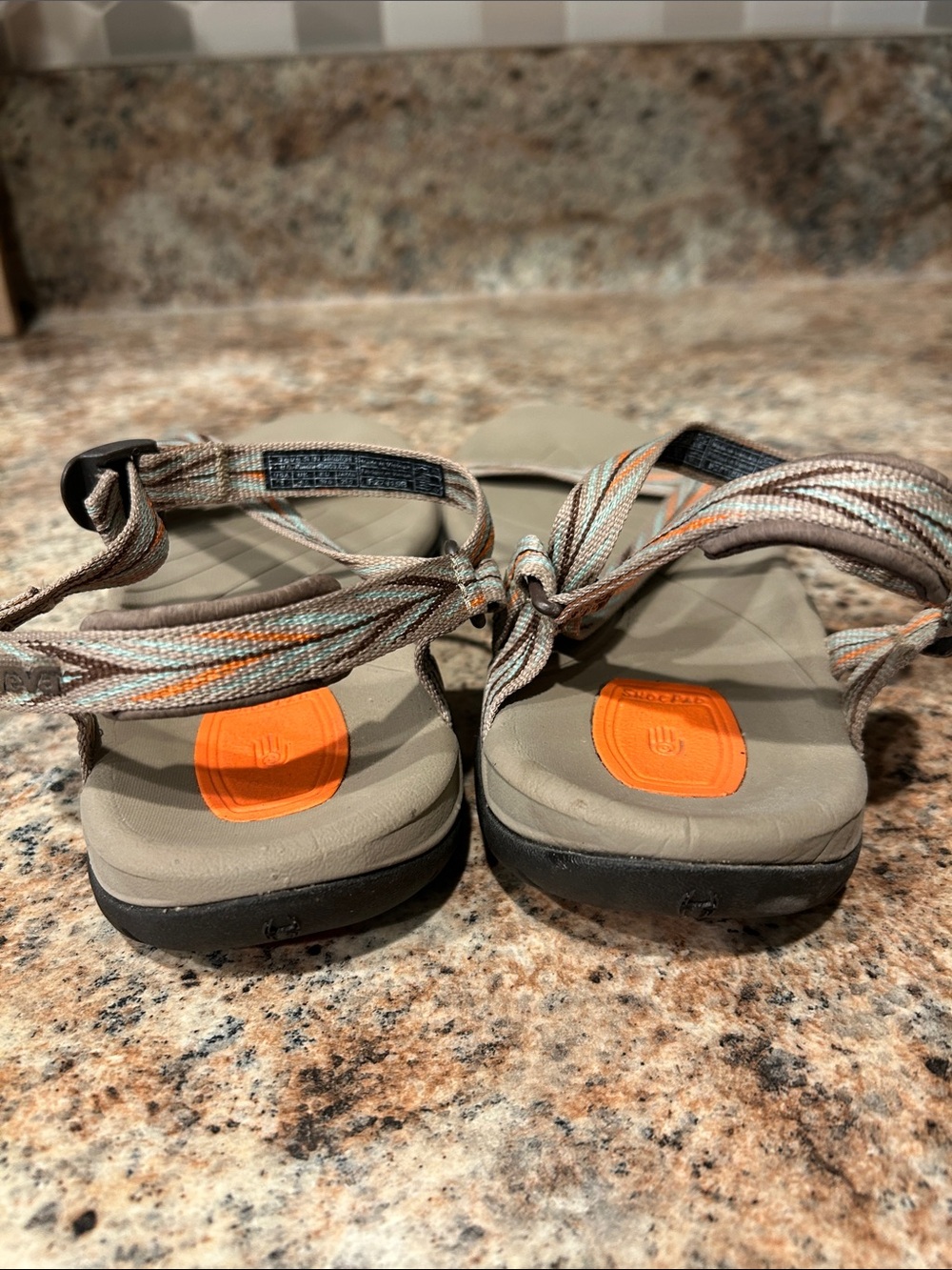 TEVA Women’s 8 Zirra Outdoor Slim Strappy Sandals in Tan w/Orange, brown Accents - Picture 3 of 10